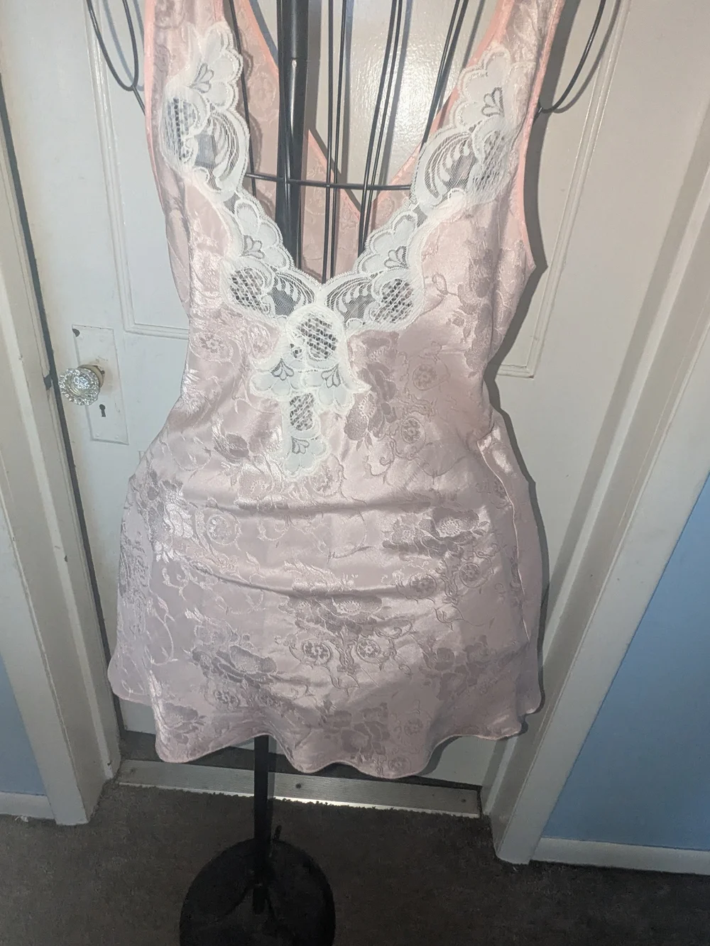 Victoria's Secret Light Pink Satin Chemise and Lace-Trim Robe Set